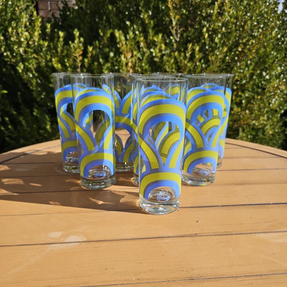 Vintage Mid Century Set of 8 Colony Blue and Green Rainbow Tumblers